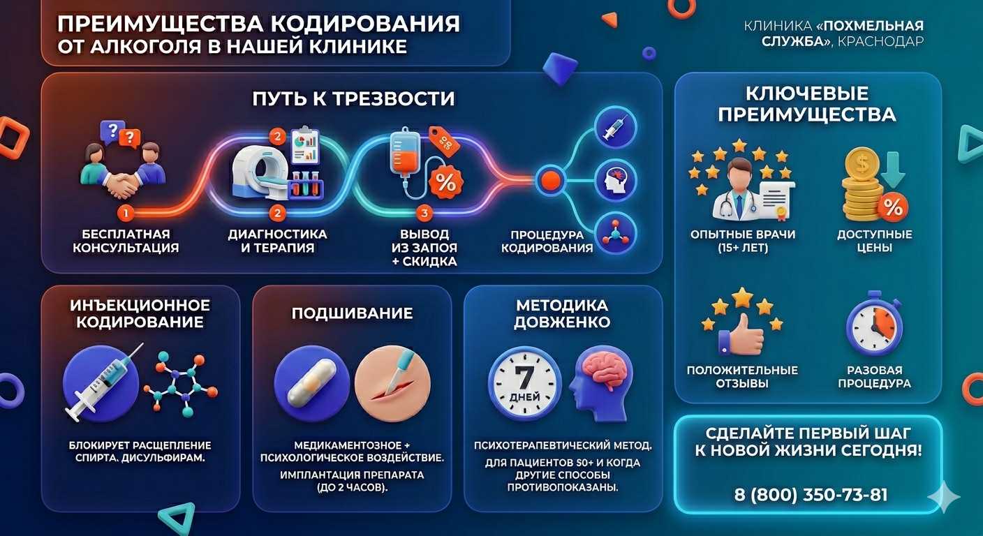 Инфографика о методах кодирования от алкоголя в Чулыме: инъекции, подшивание, метод Довженко. Преимущества клиники и этапы лечения.